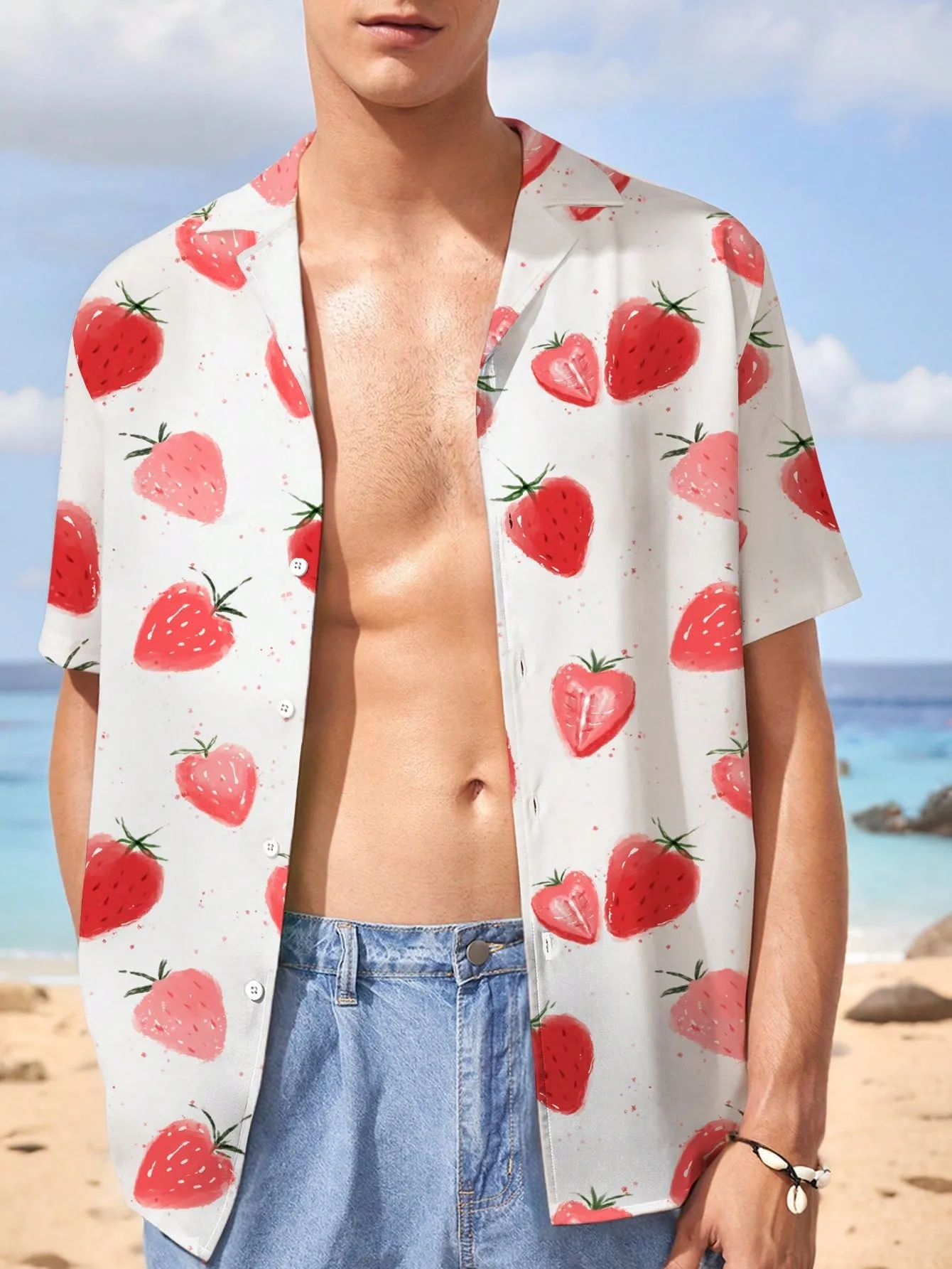 Manfinity Chillmode Manfinity Chillmode Strawberry Tropical Fruit Holiday Printed Men's Hawaiian Summer Beach Shirt