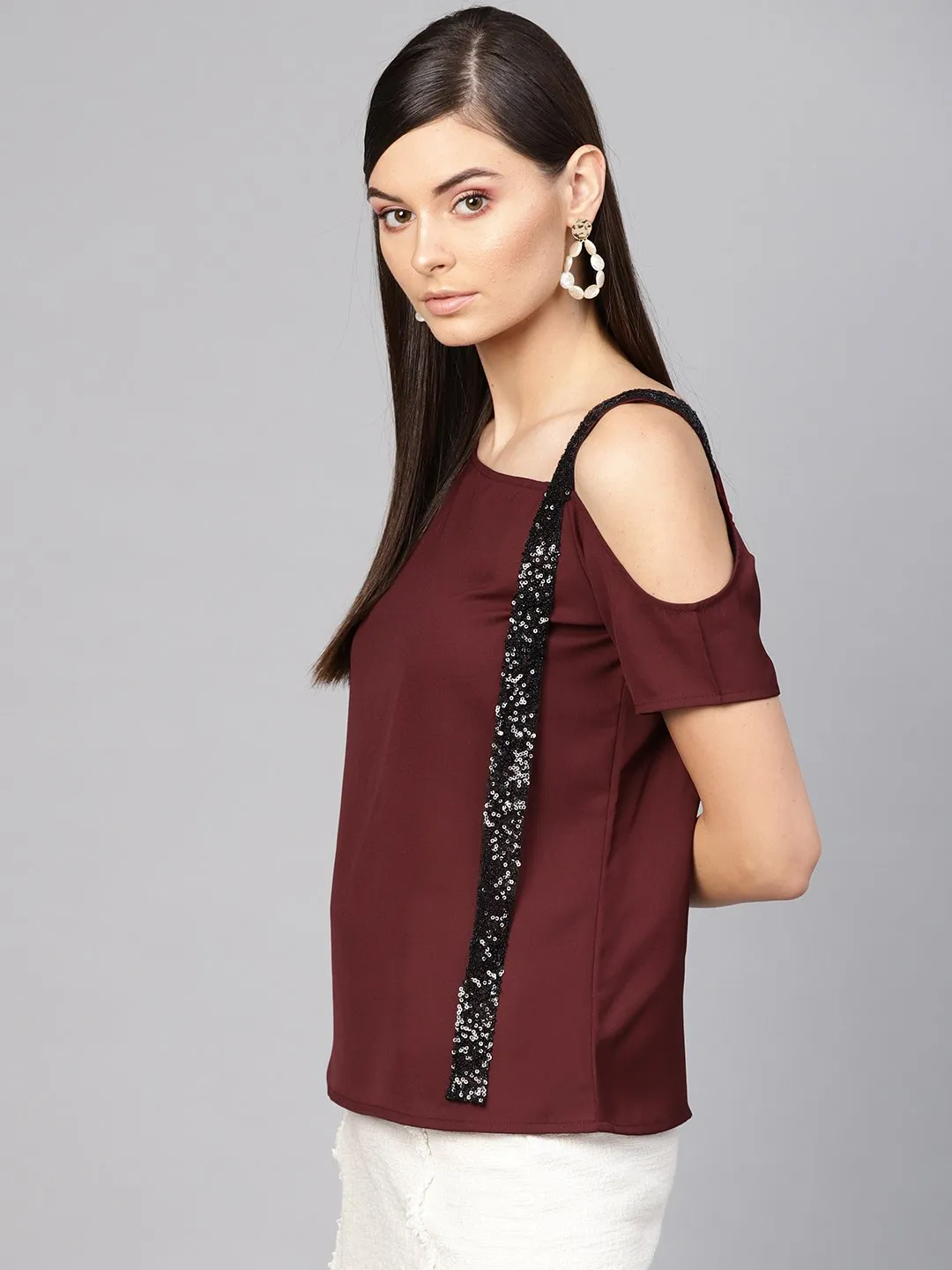 Wine Sequin One Shoulder Strap Top