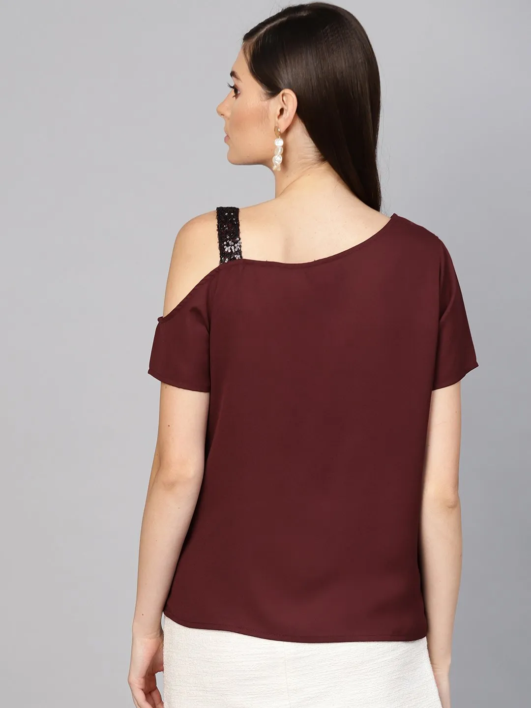 Wine Sequin One Shoulder Strap Top